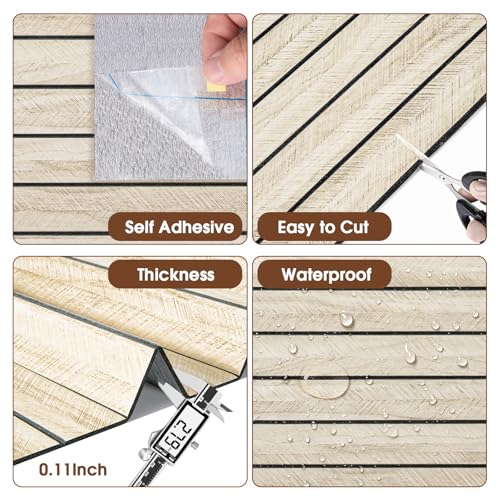 Image of 3D Peel and Stick Wall Panels PVC Grille Slat 197 inchx15.8 inch Self-Adhesive Wall Sticker Soundproof Paneling for Walls and Ceiling in Faux Herringbone Oak Texture