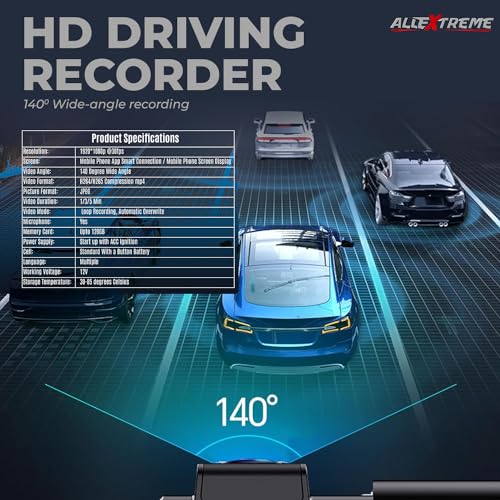Image of AllExtreme X5 Car Dash Camera 2MP FHD 1080P 140˚Wide Angle Night Vision Cam WiFi App Connectivity with Emergency Recording & Parking Monitoring Sensor Support UPTO 128GB Class 10 SD Card