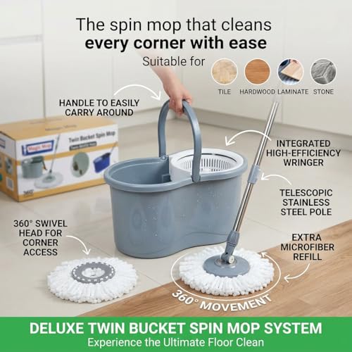 Image of Samarthya Magic Mop 360 Spin Mop with Twin Bucket, Wringer, Telescopic Stainless Steel Pole, 2 Microfiber Refills, Grey