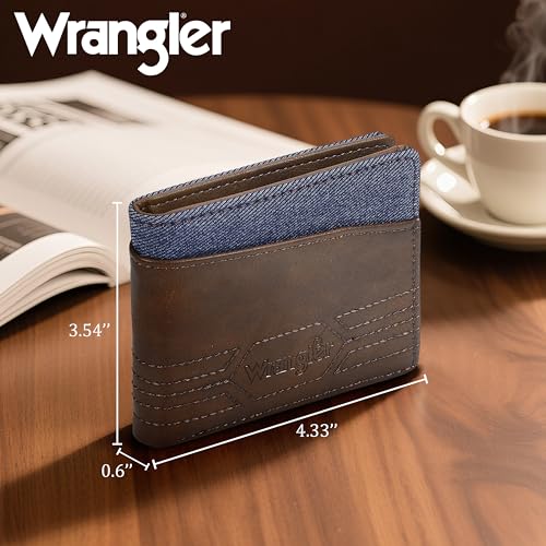 Wrangler Leather Bifold Wallet for Men Minimalist Western Wallet with Money Slot, Stylish Gift for Men, Brown2