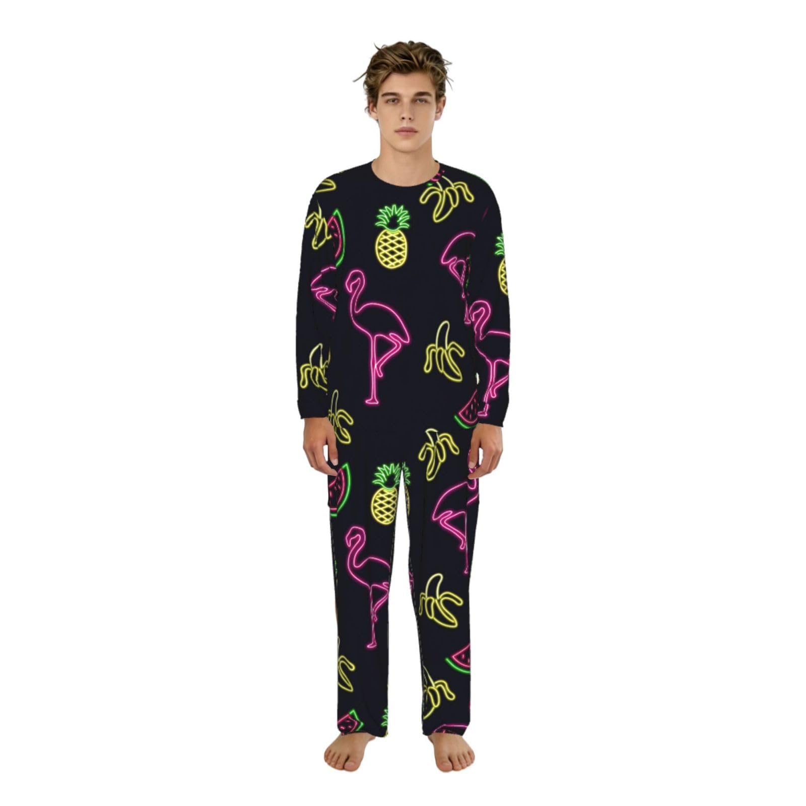 Duwaa Men's Black Pineapple Banana Flamingo Print Comfortable Nightwear Set, Pajama Set Long Sleeve Top And Bottom Sleepwear S-3Xl