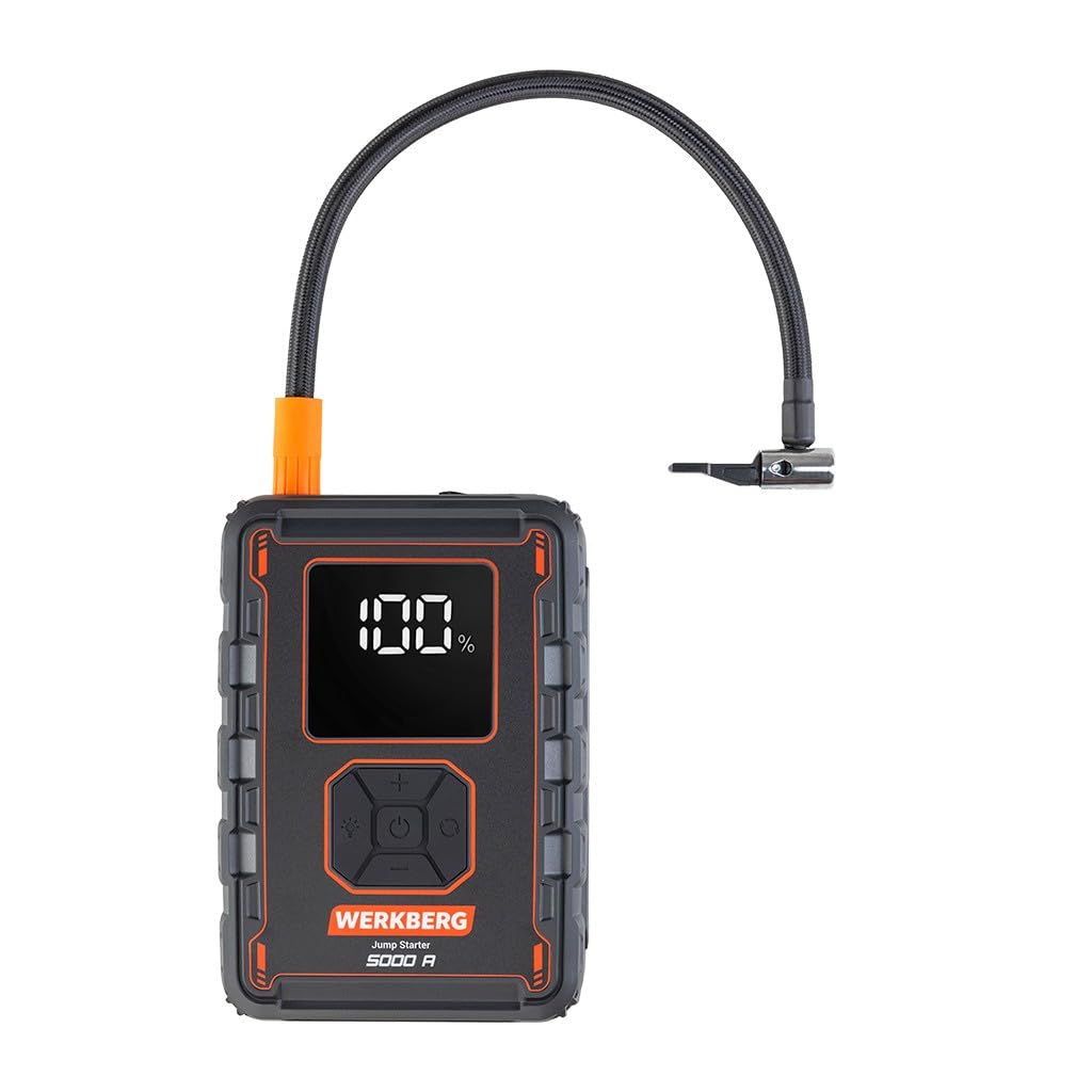 AL008 jump starter 12 V 5000A 32000 mAh z kompresorem | Kompresor 150 PSI, powerbank USB-C 18W, booster do auta, kompaktowe wymiary 188x134x56 mm