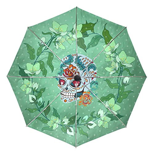 Parapluie pliant coupe-vent idéal pour voyager à la plage avec motif fleur de crâne vert