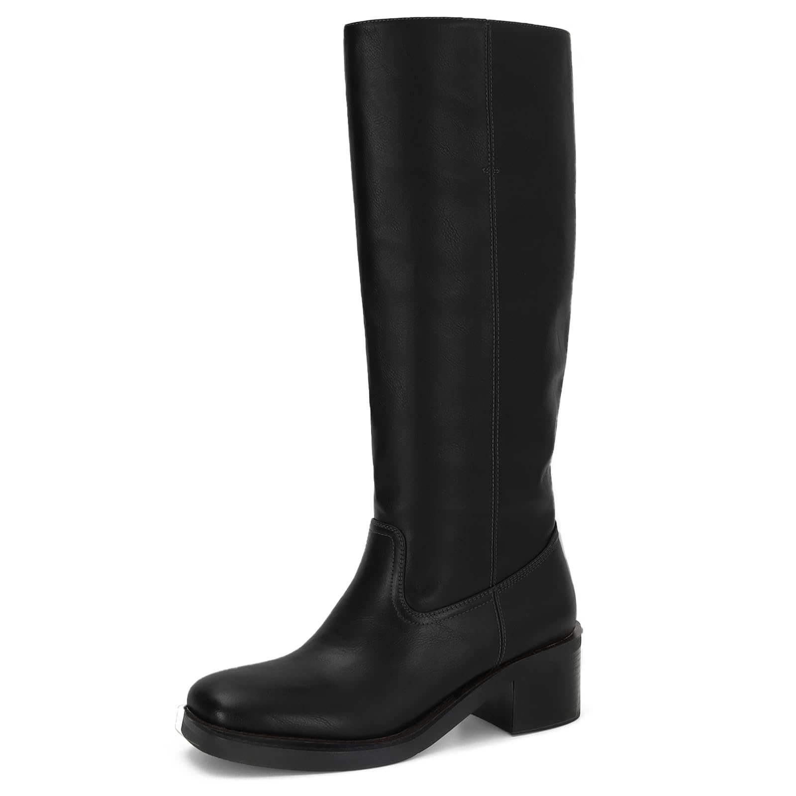 Women's Banana Knee High Boots Square Toe Chunky Block Heel Tall Boots Wide Calf Fashion Comfortable Casual Pull on Long Boots