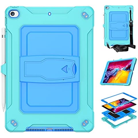 10.2 Inch Case for iPad 7th/8th/9th Generation (2019/2020/2021), 3-Layer Shockproof Rugged Protective Case with Stand & Hand Strap, Green+Blue Cover