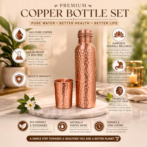 Image of JAIPUR ACE Hammered Pure Copper Water Bottle with Glass Set | 100% Copper Bottle Set | Leak Proof, Ayurvedic Benefits, Premium Design Gift Set for Home, Office, Gifting (Premium Hammered Bottle)
