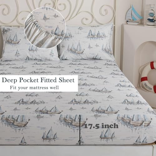 Image of FADFAY Premium 100% Cotton Sheet Set Queen - Coastal Nautical Sailboat Bedding, Soft Gray Seaside Harbor Print, Soft Breathable Cooling Bed Sheets, Deep Pocket Luxury Coastal Bedding 4 Piece