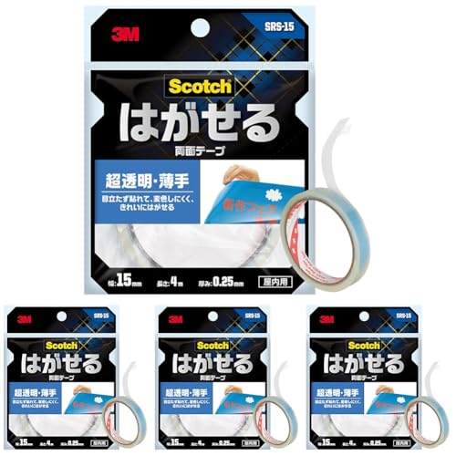 3M 両面テープ はがせる 超透明 厚手 幅15mm 長さ4.0m スコッチ SRS-15 ガラス面 ポスター (× 4)