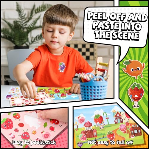 HORIECHALY Sticker Books for Toddlers 2-4 Years, Scratch and Sniff Kid Sticker Book with 12 Scenes & 400+ Scented Food Stickers, Portable Handle for Travel/Airplane, Smelly Craft Gift for Boy and Girl