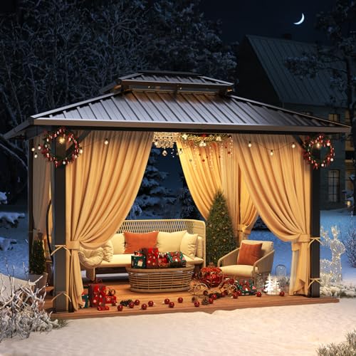Image of HOTEEL Hardtop Gazebo 10x12 Heavy Duty Gazebo with Galvanized Steel Double Roof, Hot Tub Gazebo with Flame-Retardant Curtain & Netting, Aluminum Frame Outdoor Canopy for Patio and Party (Upgraded 3.0)