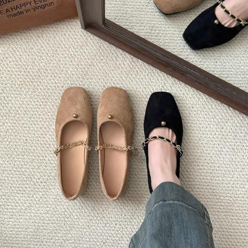 Ballet Flats for Women Comfortable Suede Flats Square Toe Mary Jane Flats with Chain Strap Casual Dressy Flat Shoes 20253