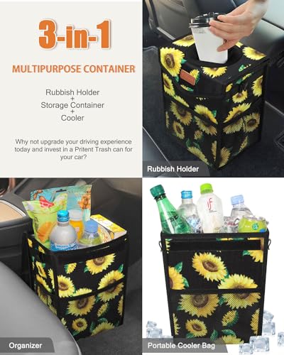 Image of Pritent Car Trash Can with Lid, Cute Leakproof Car Trash Garbage Bag Hanging Vehicle Trash Bin Small Portable Automotive Garbage Cans Organizer for Back /Front Seat /Console(2.8 Gallons,Sunflower)
