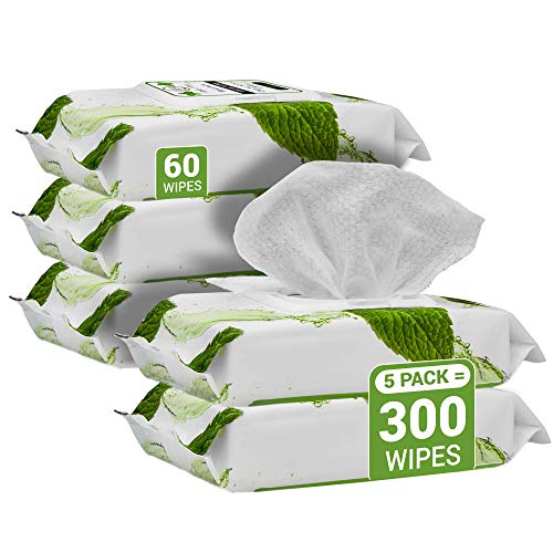 Herb & Luxe Face Wipes, Flip-Top Makeup Remover Facial Cleansing Wipes with Aloe Vera for Sensitive, Oily, dry Skin, Face/Hands/Body, Women/Men, 60 Count, Mint (Pack of 5 = 300 Wipes)