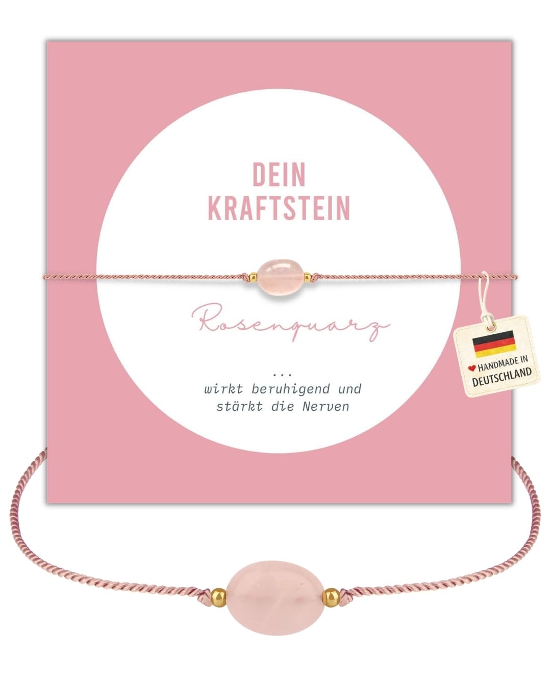 happymaker - Rosenquarz Armband Damen, handgemacht in Deutschland, Edelstein Armband rosa mit vergoldeten Perlen, Geschenkverpackung als Kraftgeber Geschenk für Frauen und Mädchen