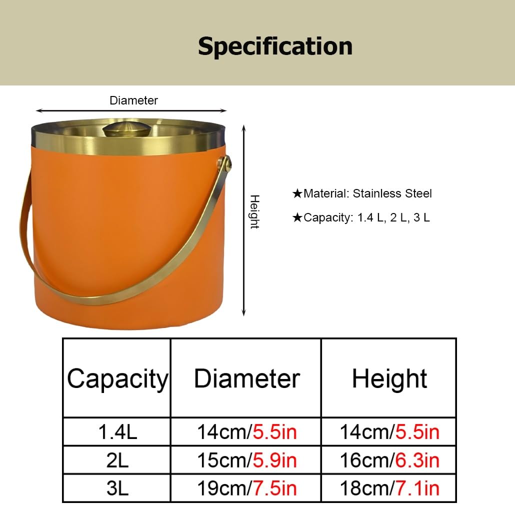 Cubo de hielo de acero inoxidable de doble pared de 1,4 x 2,3 l que mantiene el hielo congelado durante más tiempo. Contenedor de hielo con tapa hermética for bar, restaurante y hogar.(Oranje,1.4L)