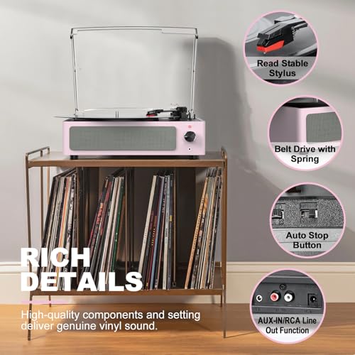 Image of Record Players for Vinyls Turntable with Speakers Belt-Driven Turn Tables LP Phonograph Support 3-Speed Full Size Bluetooth Wireless Playback Headphone AUX RCA Line New Sleek Pale Light Pink