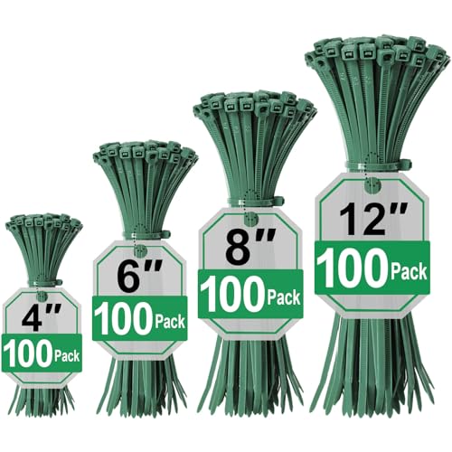 Green Zip Ties Assorted Sizes (4+6+8+12) 400 Pack Cable Ties UV Resistant for Garden Plants Fence Holiday Lights Yakobela