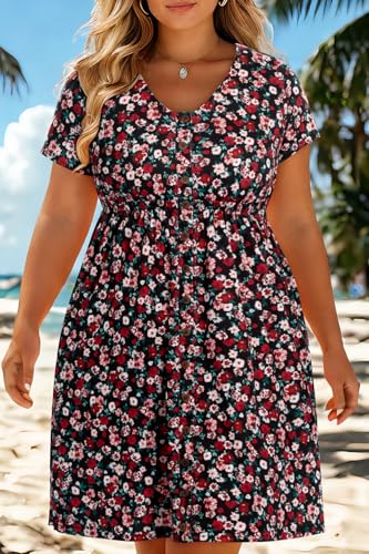 Image of Holipick Women's Plus Size Summer Dresses for Women Casual Dress with Pockets A-Line Swing Button Down Sleeveless V Neck