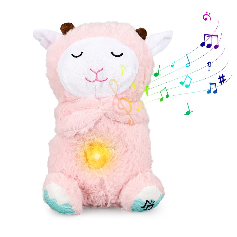 FouvinSlumber Cuddly Toy with Heartbeat, Sleep Aid Babies with Music & Light, Snooze Sheep Heartbeat Cuddly Toy from 1 Month Baby Gift for Girls and Boys Newborns, Pink