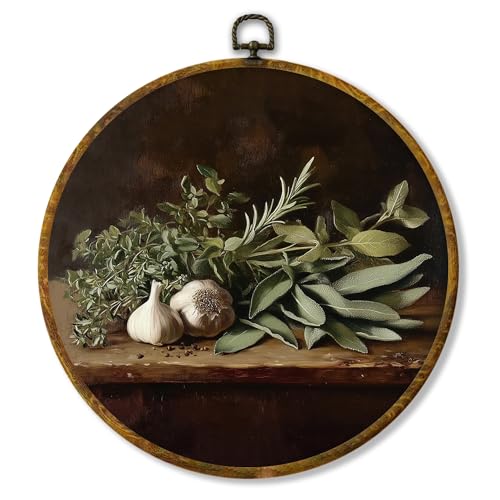 Hiuwevt Rustic Kitchen Round Wall Art Decor, Cottagecore Botanical Framed Canvas Prints, Farmhouse Herb and Garlic Round Wall Hanging Decor for Kitchen Dining Living Room Decorations, 10x10 Inches