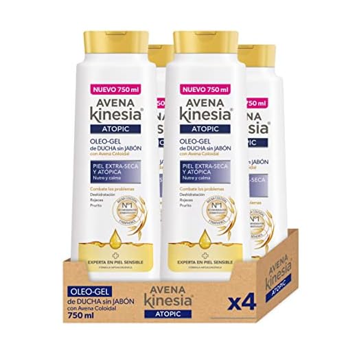Avena Kinesia - Oleo Gel de Ducha Sin Jabón para Piel Extra Seca y Atópica, Fórmula con Aceite de Avena 100% Natural - Pack de 4 x 750 ml