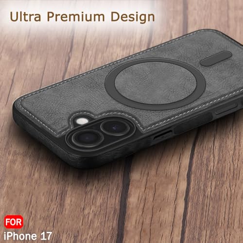 Image of TheGiftKart Genuine Leather Finish Back Cover Case for iPhone 17 | Shockproof Design | Raised Edges for Camera & Screen Protection | Stunning Minimalist Design Back Cover (MagSafe Compatible, Black)