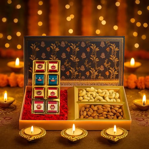 Image of Fruitri Premium Diwali Gift Hamper with Almonds, Cashews, Assorted Chocolates, Diyas & Wax Candles - Luxury Festive Gift Box with Greeting Card for Family, Friends & Corporate Gifting