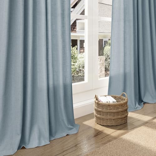 Image of Nanspring Light Blue Linen Curtains 84 Inch Length 2 Panels Set for Living Room Rod Pocket Back Tab Light Filtering Window Drapes for Bedroom Dining Room Protect Privacy Modern Farmhouse Decor 52x84