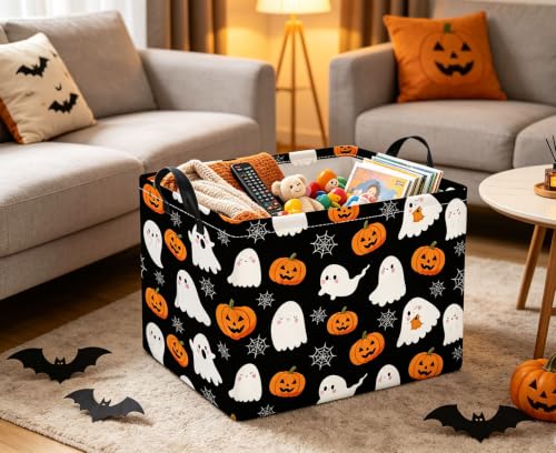 Image of Rectangular Halloween Basket for Boys and Girls Kids Trick or Treat Pumpkin Basket for Halloween Parties Cute Storage Bin Organizer Box Room Decor(Spider Web Ghost)