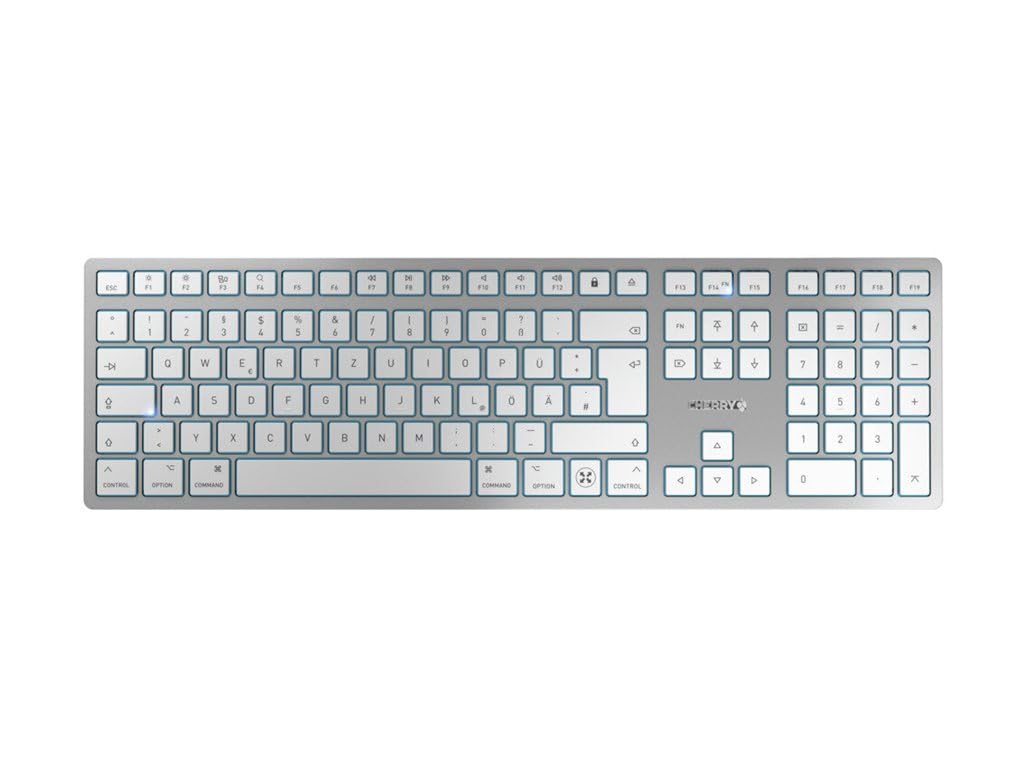 CHERRY KW 9100 Slim for Mac, Clavier sans Fil Mac, Disposition Allemande (QWERTZ), Connexion Bluetooth ou 24 GHz, Touches Plates, Rechargeable, Blanc argenté