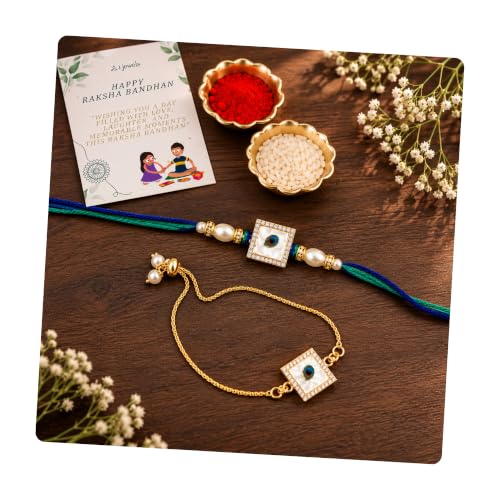 Image of I Jewels Traditional Evil Eye Bhaiya Bhabhi Rakhi Combo with Bracelet Roli Chawal & Raksha Bandhan Card for Brother Bhabhi (R519-CO)