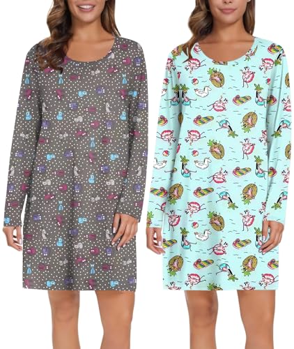Ekouaer 2 Pack Long Sleeve Sleep Shirts for Women Soft Night Shirts Nightgowns Comfy Night Gowns Dress(Cartoon Cat&Flamingo,M)