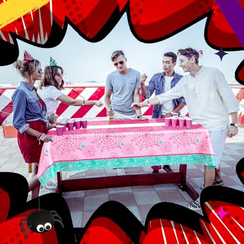 Image of Oudain 3 Pack Spider Theme Birthday Decorations Halloween Purple Black Red Green Pink Web Bat Tablecloth Cartoon Table Cover Party Favor for Birthday(Spider,Web,Pink, Green)