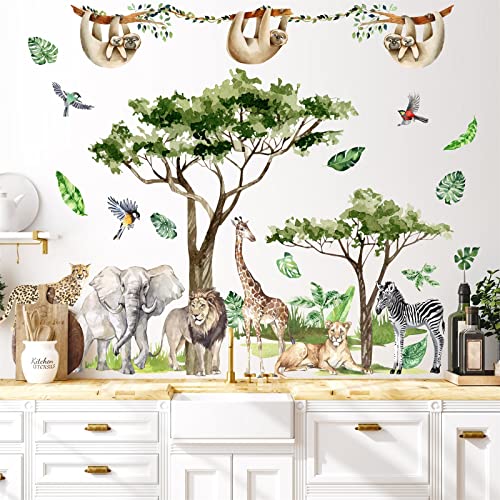 Jungle Animal Wall Decals Safari Animal Wall Stickers Large Wild Animal Wall Stickers Jungle Tree Forest Animal Wall Decals Zoo Animal Wall Stickers For Nursery Living Room Bedroom #TOP6
