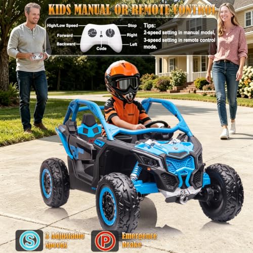 Image of NEWQIDA 2 Seater Ride On Car with Remote Control 24V 4WD Electric Car for Kids 4x4 Ride on Truck Licensed Can Am Maverick UTV Ride On Toys for Big Kids, EVA Rubber Wheels, Spring Absorbers, Blue