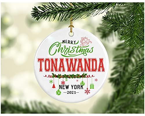 Christmas Decorations Tree Ornament - Gifts Hometown State - Merry Christmas Tonawanda New York 2021 - Gift for Family Rustic 1St Xmas Tree in Our New Home 3 Inches White