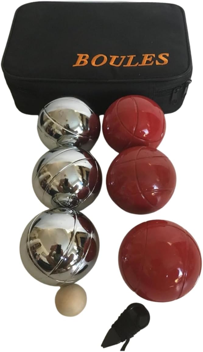 BuyBocceBalls Listing -73mm Metal Petanque/Boules 6 Ball Set with 3 Silver and 3 red Balls and Black Bag