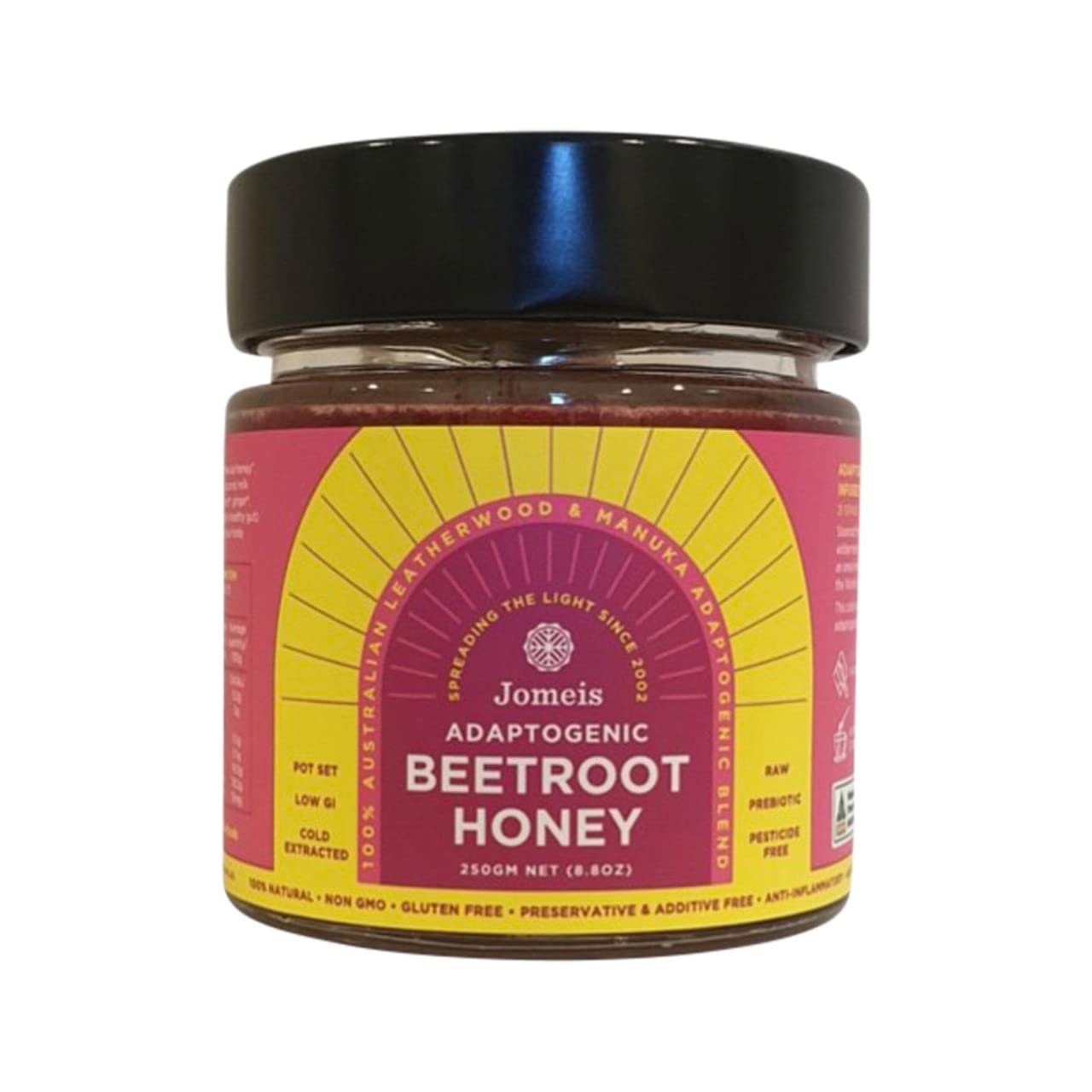 Beetroot infused Manuka & Leatherwood Honey. Premium Blend of Natural, Adaptogenic, Raw Pot Set, Pre-biotic, Anti-Inflammatory, Anti-Aging Honey by Jomeis Fine Foods