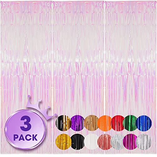 Voircoloria 3 Pack 3.3x8.2 Feet Iridescent Transparent Foil Fringe Backdrop Curtains, Tinsel...