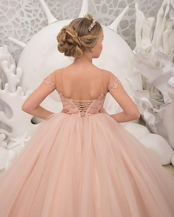 HYGLJL Sheer Neck Pageant Dress for Girls 7-16 Short Sleeves Blush Pink Flower Girl Dresses for Wedding4