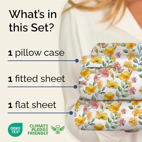 Image of Twin 3 Piece Floral Sheet Set - Breathable & Cooling - Sun Kissed Bloom | 1 Flat, 1 Fitted & 1 Pillowcase w / Deep Pockets, Boho Botanical Floral Bedding, Breathable & Cooling, Wrinkle & Fade Free