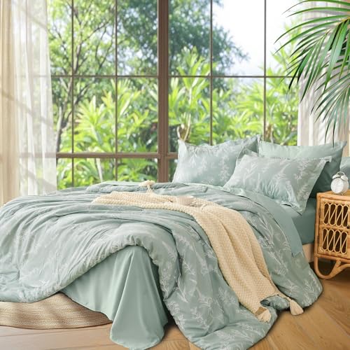 MUXHOMO Bed in a Bag Queen 7 Pieces, Sage Green Queen Comforter Set Reversible Botanical Flowers Design, Ultra Soft & Breathable Bedding Sets with Comforter, Sheets, Pillowcases & Shams