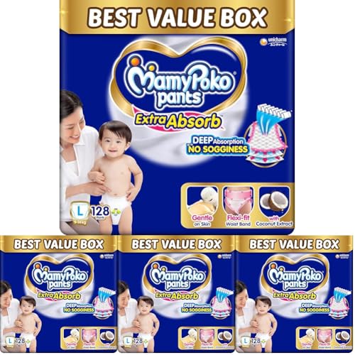 Image of MamyPoko Pants Extra Absorb Baby Diapers, Large (L size) | 9-14 kg | 128 Count |Deep Sleep Diapers| Soft gentle fit |Deep Absorbent Crisscross | skin friendly with coconut oil | (64 count, Pack of 8)