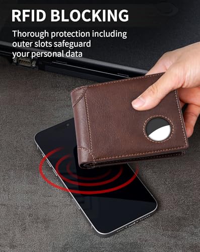 Image of Swallowmall AirTag Wallet Mens RFID Blocking Genuine Leather Bifold Men's Wallet For air tag with 2 ID Window 10 Card Holders Removable Card Slot Taxes Brown(Airtag Not included)