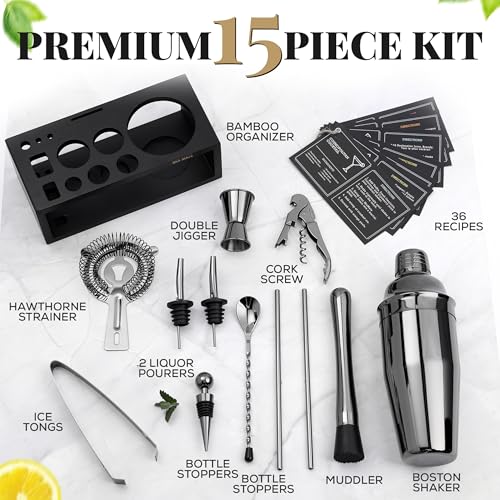 Image of Black Stainless Steel Cocktail Shaker Set with Wood Stand - 15 Piece Bartender Kit with Drink Shaker, Bar Spoon, Jigger, Muddler, Strainer, Bottle Opener, Stopper, Pour Spout, Stirrers, Tongs, Recipes