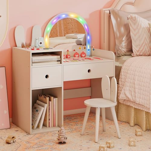 Image of Costzon Kids Vanity, Girls Vanity Set with Mirror and Stool and Lights, Drawers & Storage Compartments, Toddler Makeup Vanity Desk Dressing Table, Wooden Kids Vanity Table and Chair Set (White)