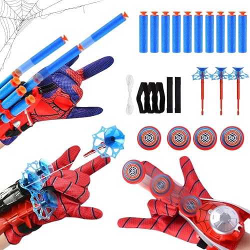 FMKLDENA 3 Conjuntos de Jogos de Luvas de Lançador, Lança Teias de Aranha do Homem-Aranha, Lançador de Heróis, Luvas Homem-Aranha Lança Teias, com Dardos de Ventosa e Disco Voador, para Jogos Infantis