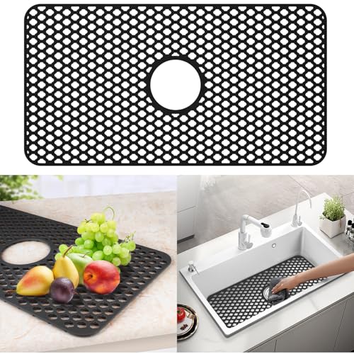 28.3"x 15.2" Kitchen Sink Mats,Heat Resistant Silicone Sink Protector Mat for Bottom of Stainless Steel Porcelain (Middle Hole) by Poksolfy - Used condition - US$23.48