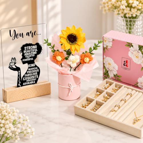 Image of Art Street Rakshabandhan Gift Hamper for Sister with Elegant Crochet Flower Bouquet in Pink Pot, Acrylic Frame with Quote & Velvet Lined Jewelry Box
