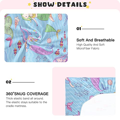 Image of Fitted Crib Sheets Blue Mermaid and Fish Stretchy Portable Playard Sheets for Baby Toddler, Breathable Soft Mini Crib Mattress 52 x 28 in for Boys and Girls